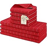 Homaxy Kitchen Towels and Dishcloths Set, 12 x 12 and 13 x 28 Inches, Set of 8 Bulk Cotton Terry Kitchen Towels Set, Checkered Designed, Soft and Super Absorbent Dish Towels, Red