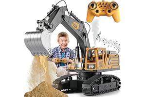 KASQERT 1:14 Remote Control Excavator Toys for Boys,14 Channel RC Digger Construction Toys Tractor,Simulated Smoke, Sound, Lighting, Metal Digging Head, for Boys 6 7 8 9 10 11 12