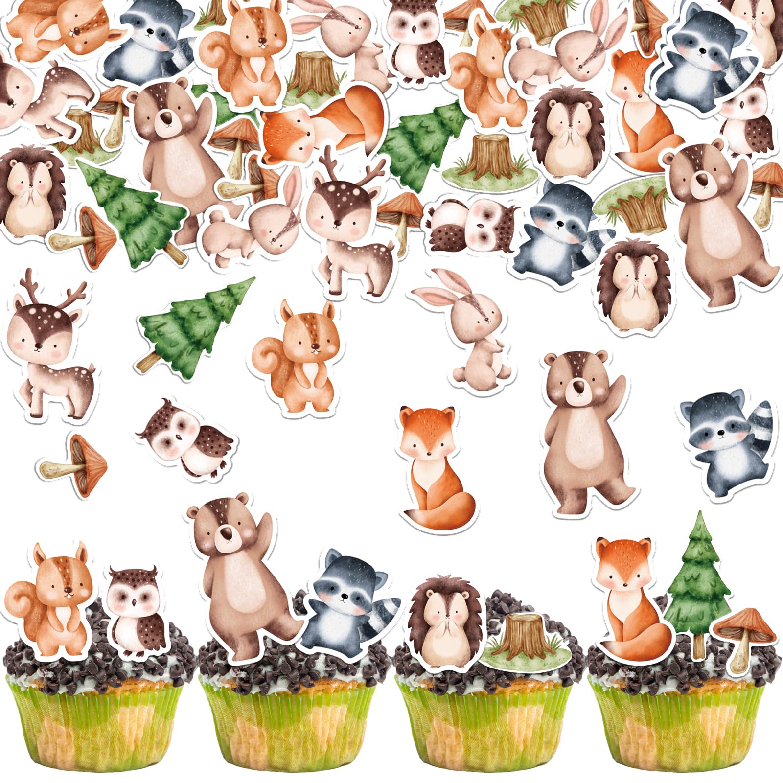 Photo 1 of Fyeoxle 66PCS Edible Woodland Animal Cupcake Toppers Wafer Paper Woodland Theme Animal Cupcake Decoration Edible Bear Fox Squirrel Cake Decoration for Woodland Party Birthday Cake Decor