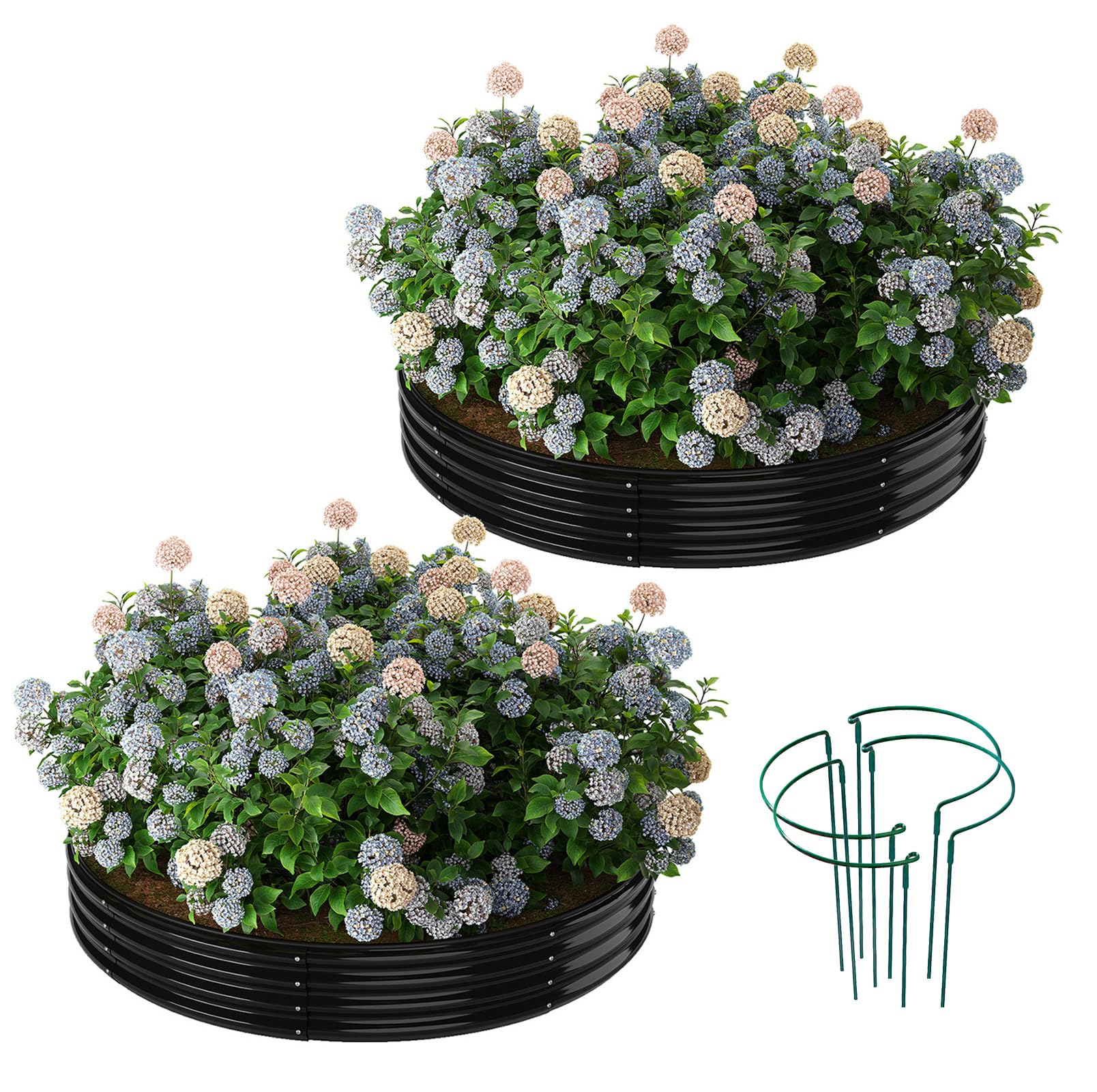 ZFHgarden Galvanized Metal Planter Round Raised Garden Bed Kit for Gardening Outdoor，3x3x1ft 2PC Grow Garden Box Raised Flower Bed，Round Galvanized Planter Outdoor Large Metal Fire Pit Ring Black Image