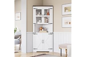 Garvee Tall Corner Cabinet with Glass Door, Farmhouse Corner Storage Cabinet with Adjustable Shelves for Bathroom Living Room