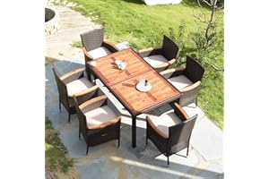 Tangkula 7 PCS Outdoor Patio Dining Set, Garden Dining Set w/Acacia Wood Table Top, Stackable Chairs with Soft Cushion, Poly Wicker Dining Table and Chairs Set (Brown)