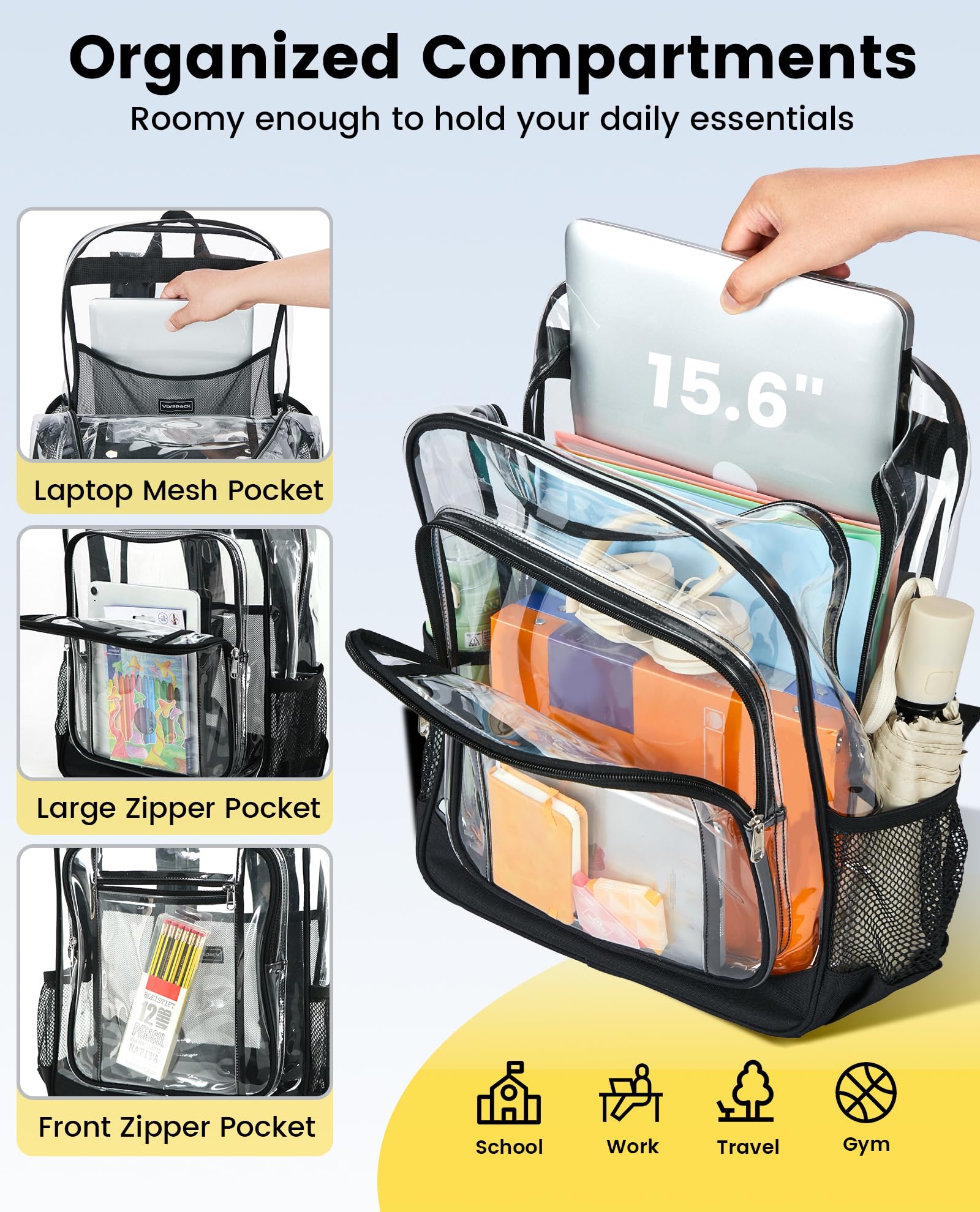 Vorspack Clear Backpack Heavy Duty - Extra Large Clear Backpacks with TSA Lock Transparent See Through Bookbag for School, Work, College, Travel - Black