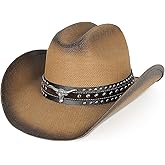 WQWOVRVO Cowboy Hat,Cowgirl hat,Brown Cowboy Hats for Women/Mens Straw Wide with Shapeable Brim Western Cowboy Hat for Womens