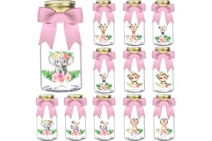 Serencatcher 12 Pack Safari Jungle Plastic Candy Bottles with Ribbons and Stickers Pink Safari Baby Shower Decorations Party Favor Jars Table Centerpieces for Jungle animal Baby Shower Birthday Party