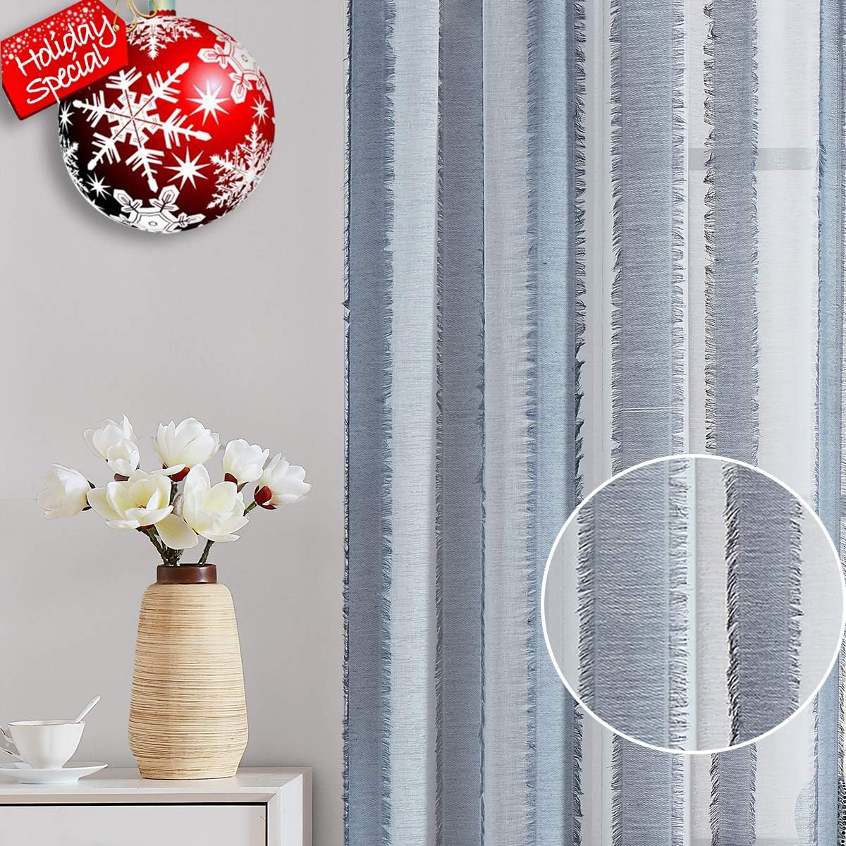 Fragrantex White and Steel Blue Striped Farmhouse Curtains 84 inches Long for Living Room Eyelash Décor Boho Window Voile Draperies for Bedroom/Patio/Nursery, 38" Wx84 L 2 Panels,Rod Pocket