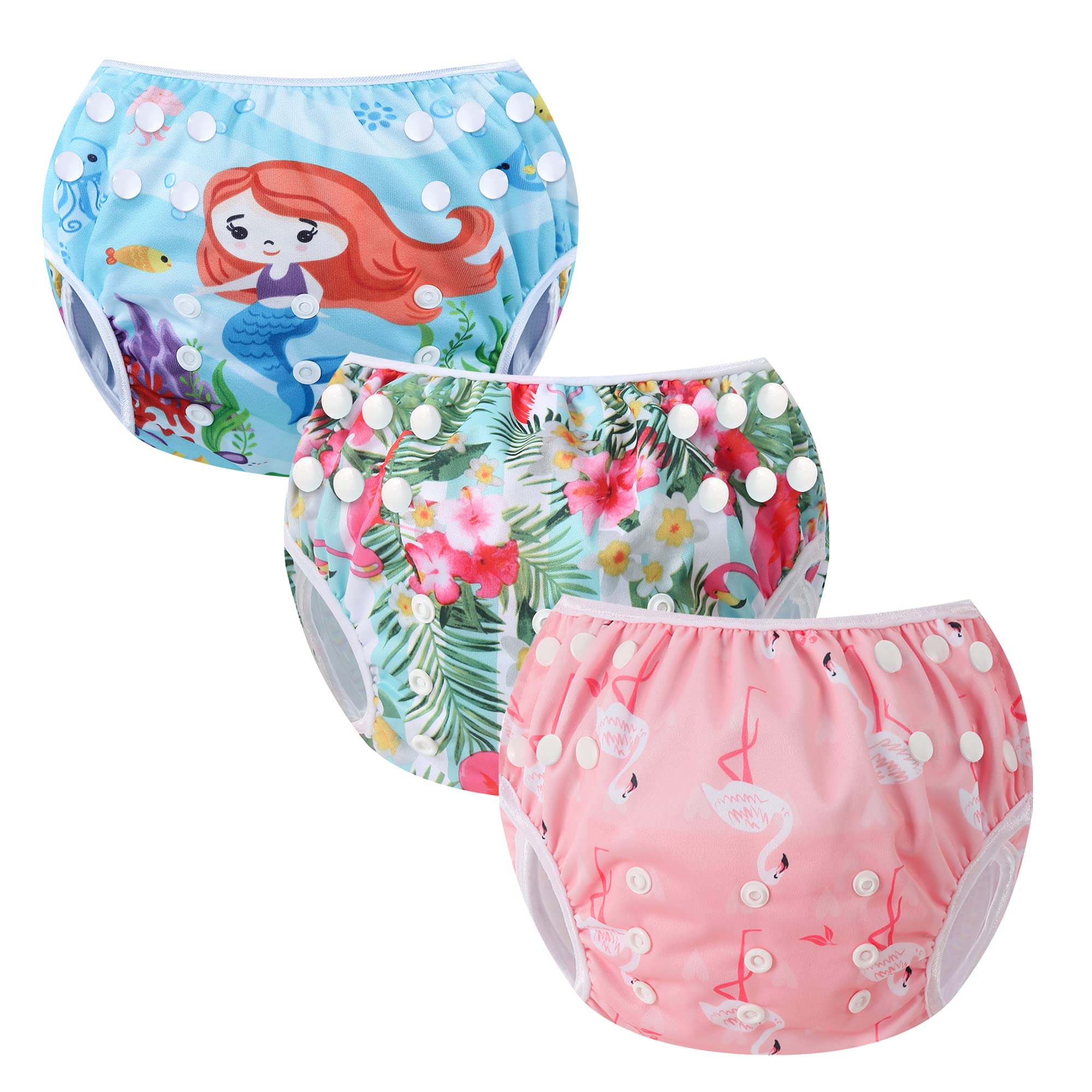 Codkkre Swimming Nappy Reusable Swim Baby Nappies Adjustable Size Washable Pack of 3 Nappies for Swimming Lessons 0-3 Years(Flamingo+Flower+Mermaid)