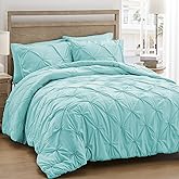 UNIKOME Queen Comforter Set Aqua Blue - Ultra Soft Boho Pintuck Down Alternative Bedding Set for All Seasons, 3 Pieces Lightweight Warm Pinch Pleat Bed Set with Comforter, 2 Pillowcases