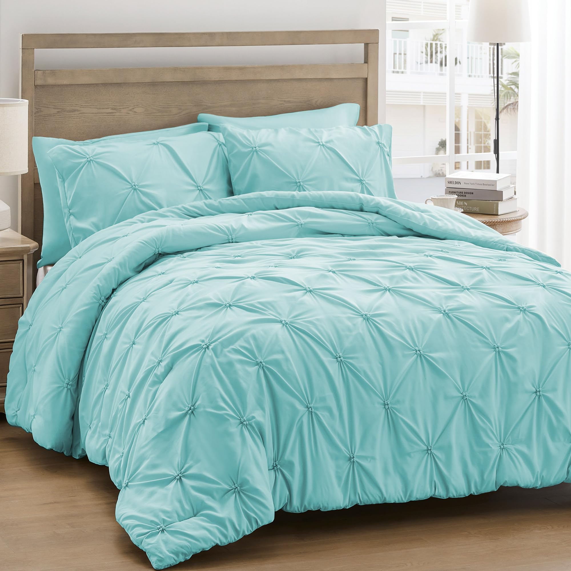 Photo 1 of *MAJOR DAMAGE*
UNIKOME King Size Comforter Set Aqua Blue - Ultra Soft Boho Pintuck Down Alternative Bedding Set for All Seasons, 3 Pieces Lightweight Warm Pinch Pleat Bed Set with Comforter, 2 Pillowcases