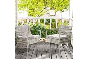 FHFO 3 Pieces Patio Furniture Set, Balcony Furniture, Patio Bistro Set All-Weather Wicker Chairs Conversation Set with Cushions Table for Outdoor Backyard Porch Lawn (Grey-Grey)