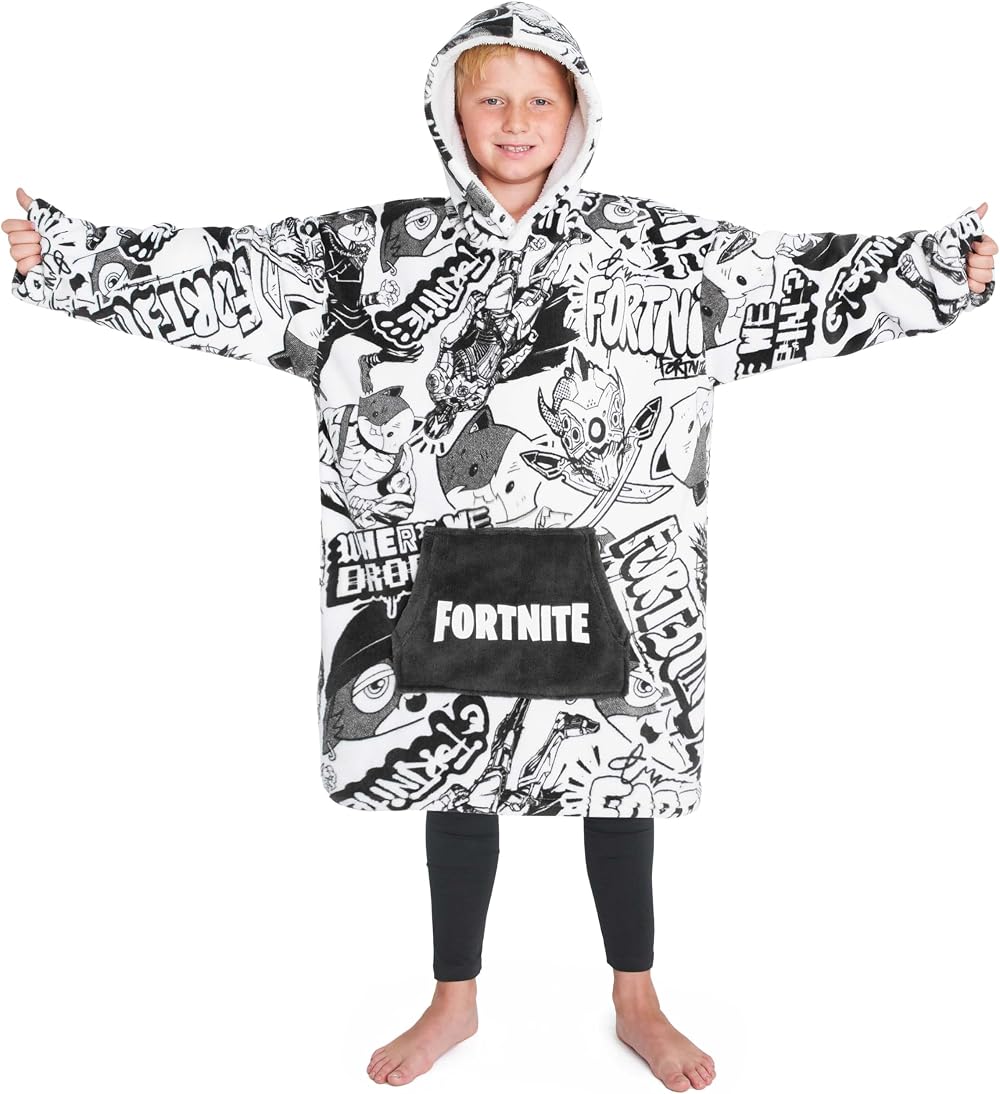 Fortnite Oversized Fleece Hoodie Blanket Kids Teens Poncho White Black