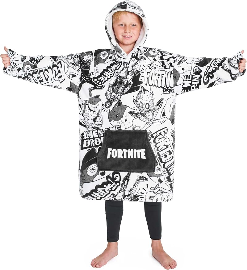 Fortnite Oversized Fleece Hoodie Blanket Kids Teens Poncho White Black
