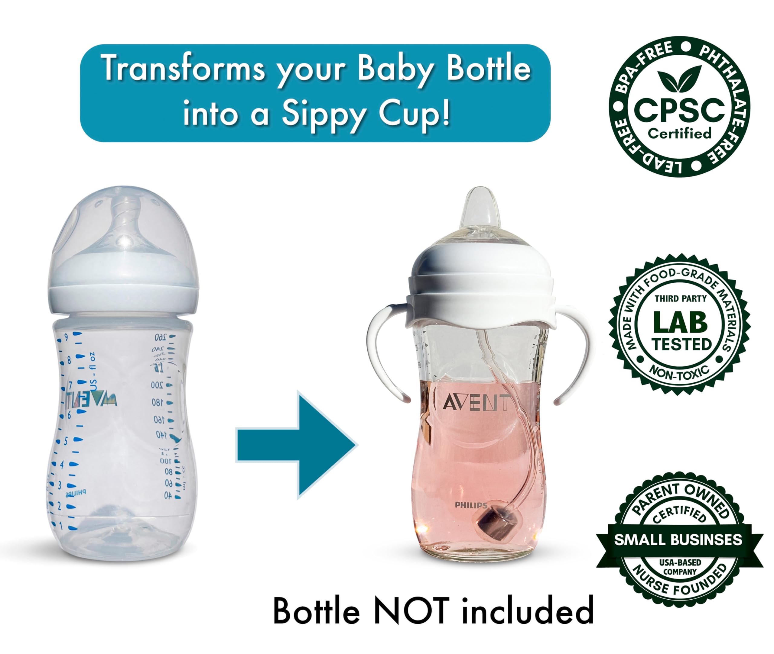 Sippy Cup Conversion Kit for Philips Avent Natural Baby Bottles 2-Count, Food Grade Silicone Spout Nipples and Weighted Straw, Bottle Handles, Cleaning Brush, BPA-Free, Straw Transition, 4+ Months