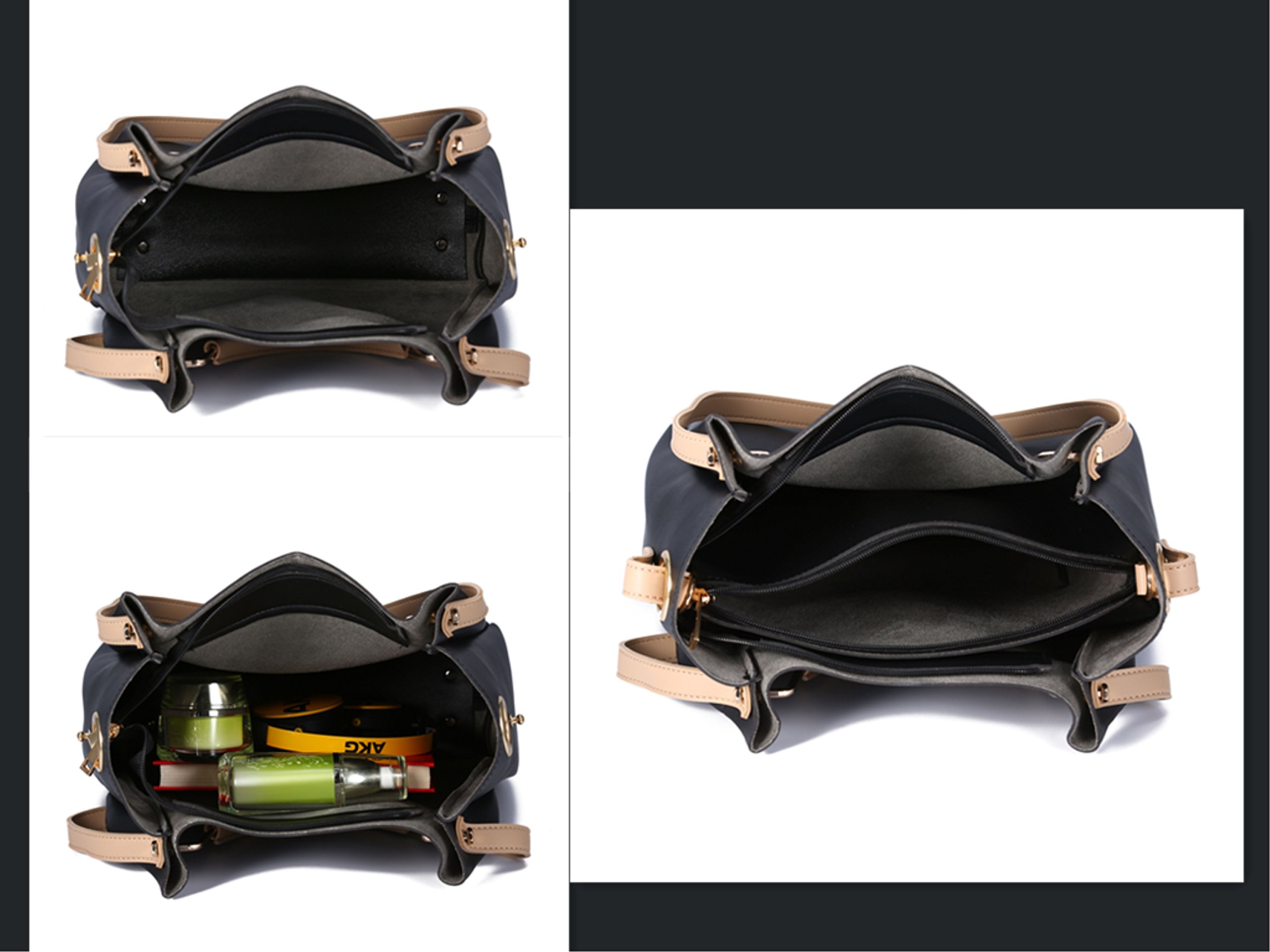 Bolso de Mano cuero PU mujeres,Bolso Señoras Totes 2 pedazos en 1,Bolso de bandolera y Mano-Negro