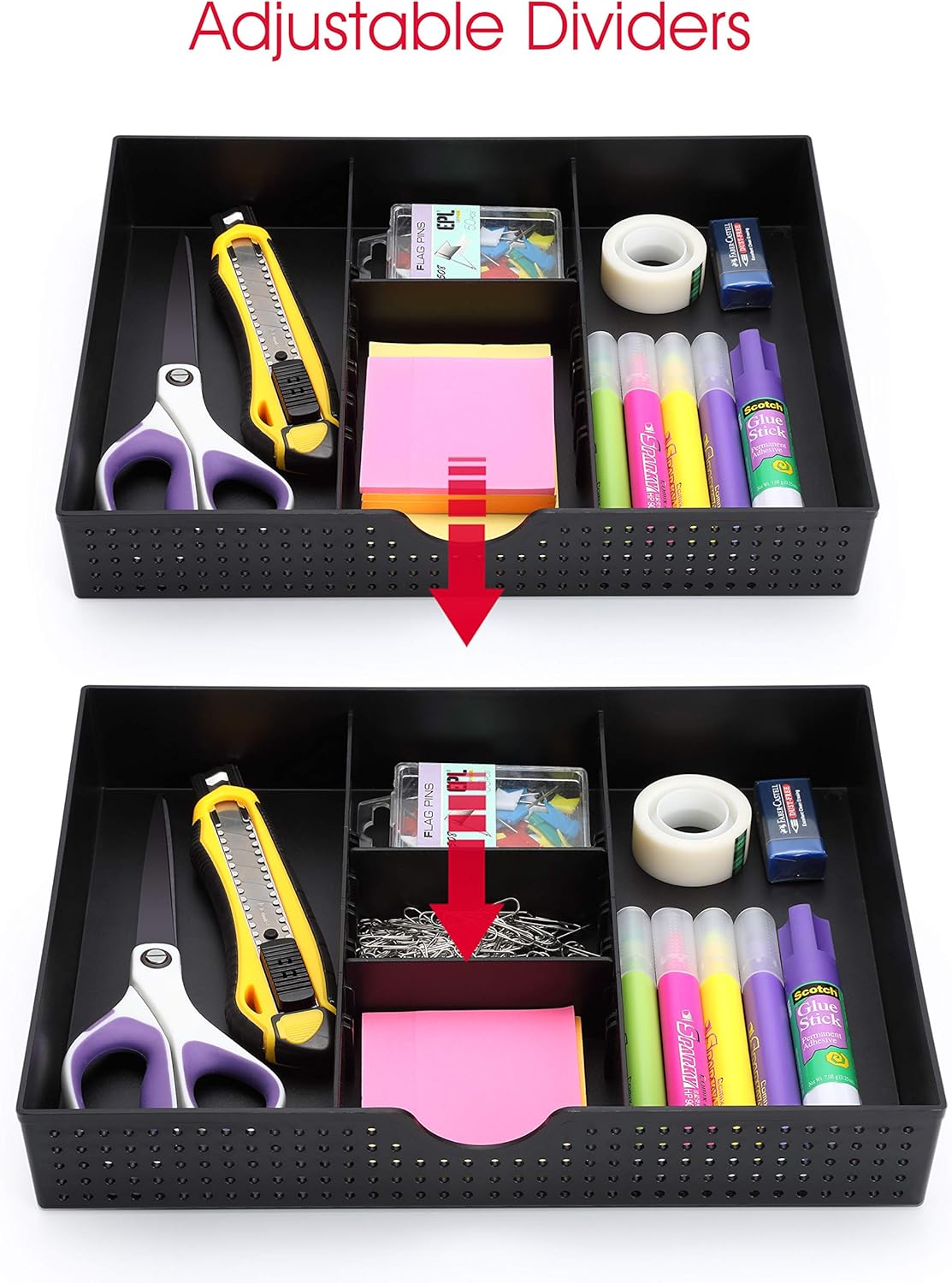 CAXXA 3 Slot Drawer Organizer with Two Adjustable Dividers - Junk Drawer Storage for Office Desk Supplies and Accessories, Black (1 Pack): Home Improvement