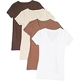 4 Pack Zenana Women's Basic V-Neck T-Shirts Large Brown, Mocha, Taupe, White