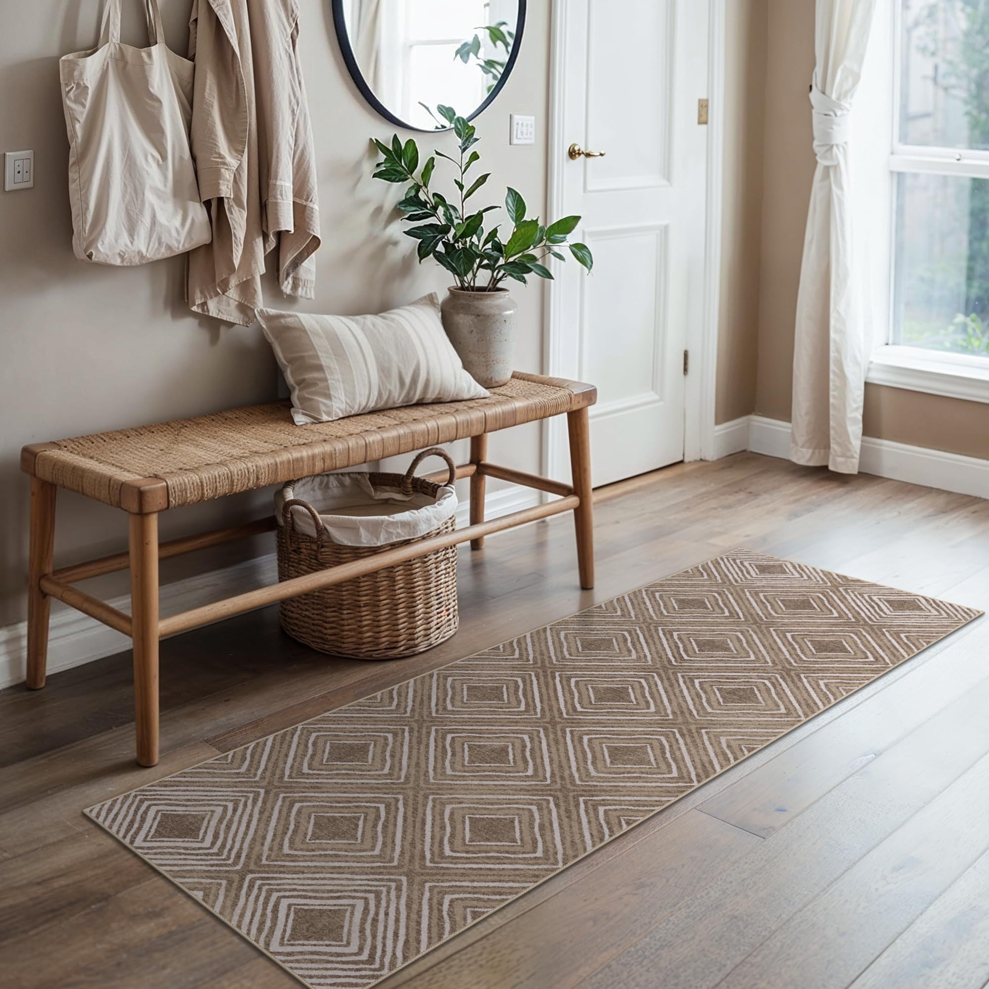 Photo 1 of GENIMO Checkered Runner Rug 2x6, Minimalist Geometric Runners for Hallways, Modern Neutral Carpet, Machine Washable Rug Non Slip, Soft Texture & Sleek Design for Elevated Interiors Brown