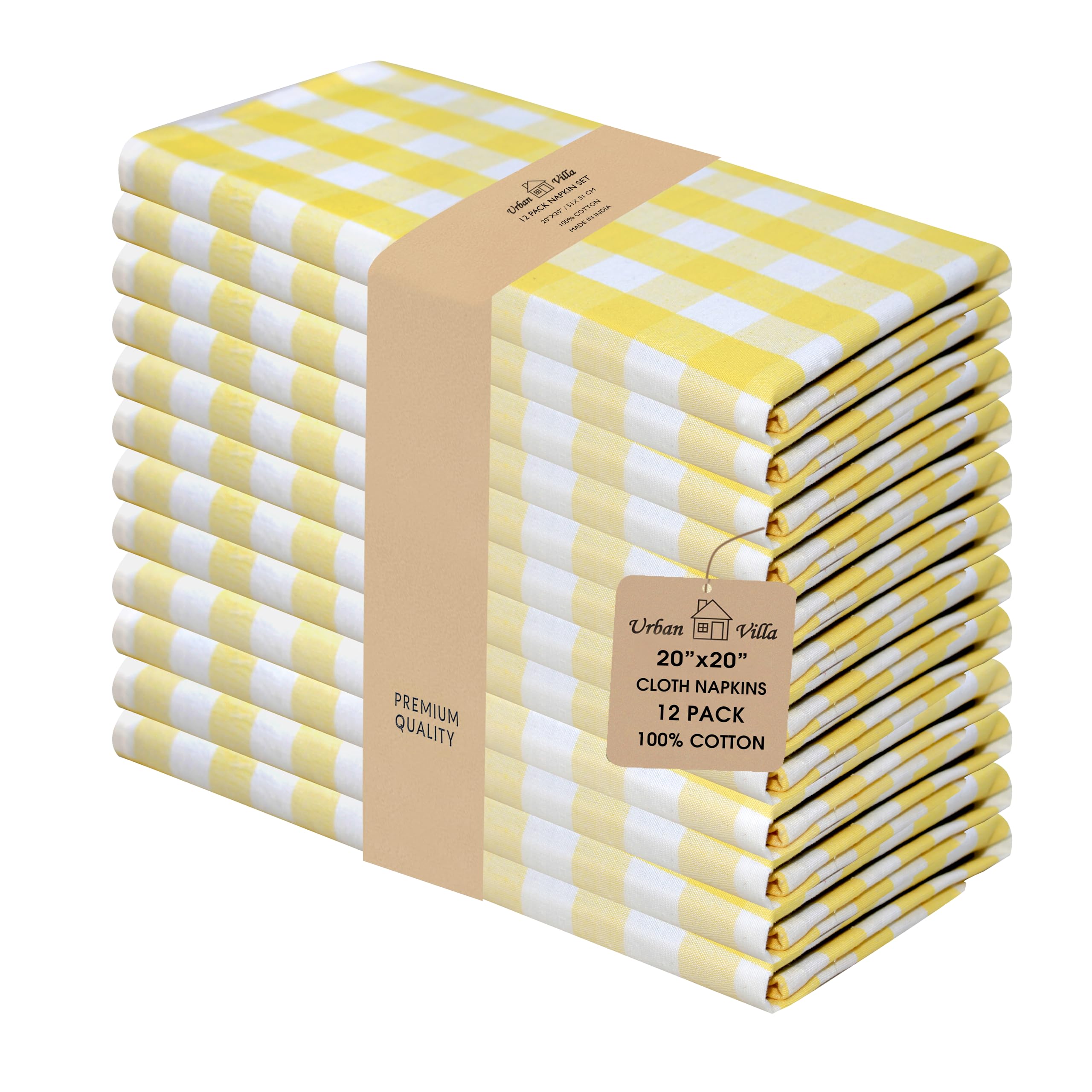 Urban Villa Dinner Napkins, 100% Cotton, Size 51X51 CMS Yellow/White Gingham Check Oversize Cloth Napkins with Mitered Corners, Soft, Durable Hotel Quality (Set of 12)