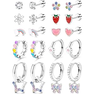 SAILIMUE 10 Pairs Flat Back Earrings Hypoallergenic Earrings for Girl Women | Stainless Steel Stud Hoops Cute Rainbow Strawbe