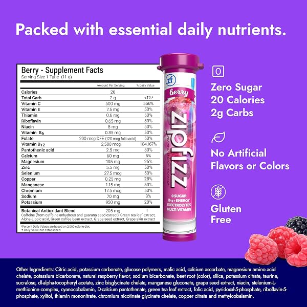 ZIPFIZZ DAILY ENERGY DRINK POWDER, BERRY, 20 PACK | 3-IN-1 SUSTAINED ENERGY, RAPID HYDRATION, AND ESSENTIAL VITAMINS | SUGAR-FREE | ELECTROLYTE POWDER | CONTAINS VITAMIN B-12 & ANTIOXIDANTS