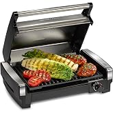 Hamilton Beach Electric Indoor Searing Grill with Adjustable Temperature Control to 450F, 118 sq. in. Surface Serves 6, PFAS-Free Removable Nonstick Grate, Stainless Steel (25360)