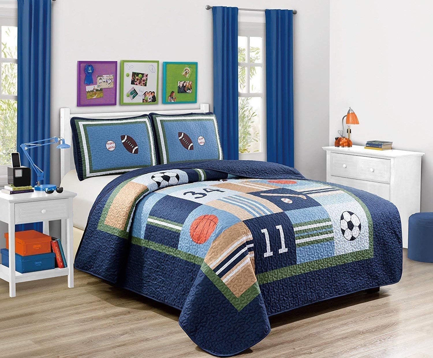 Elegant Home Multicolor Sports Soccer Basketball Baseball Football Design 3 Piece Coverlet Bedspread Quilt for Kids Teens Boys # Sports Navy (Full Size)