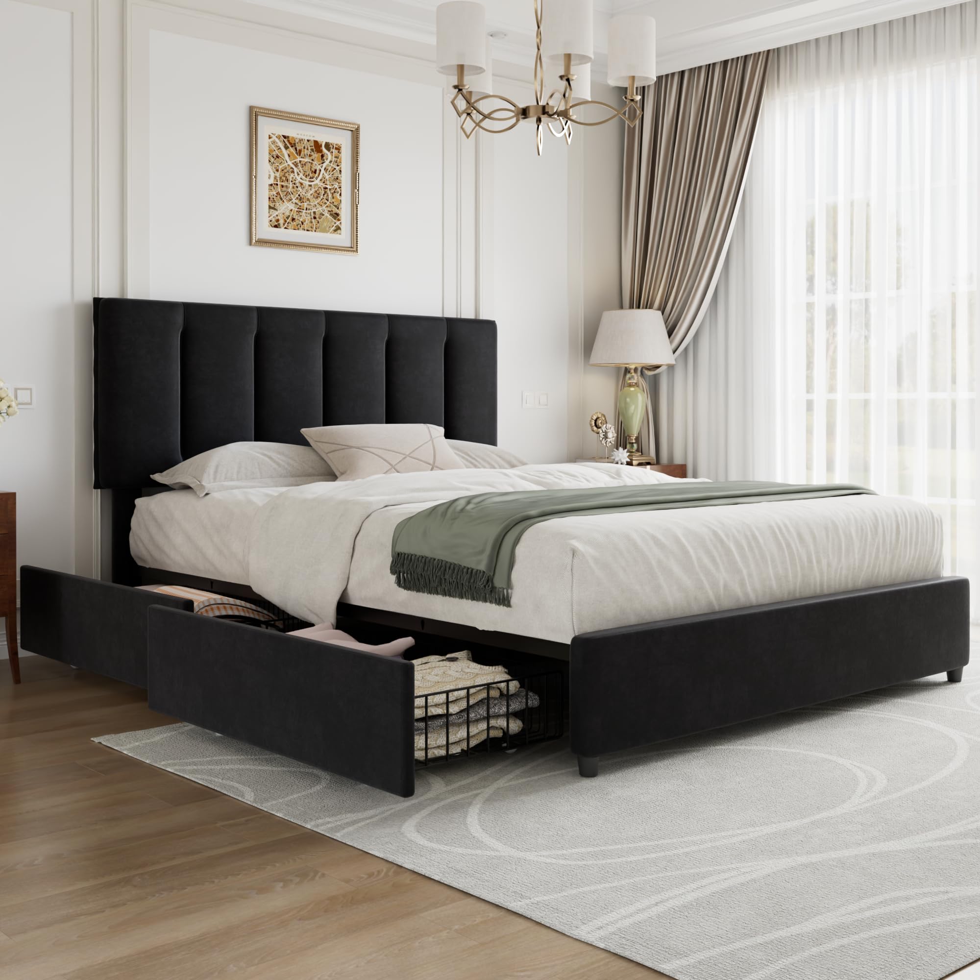 VECELO Queen Size Bed Frame with 4 Storage Drawers, Adjustable Height Headboard, Heavy-Duty Platform Bedframe with Strong Wooden Slats, No Box Spring Needed, Black Image