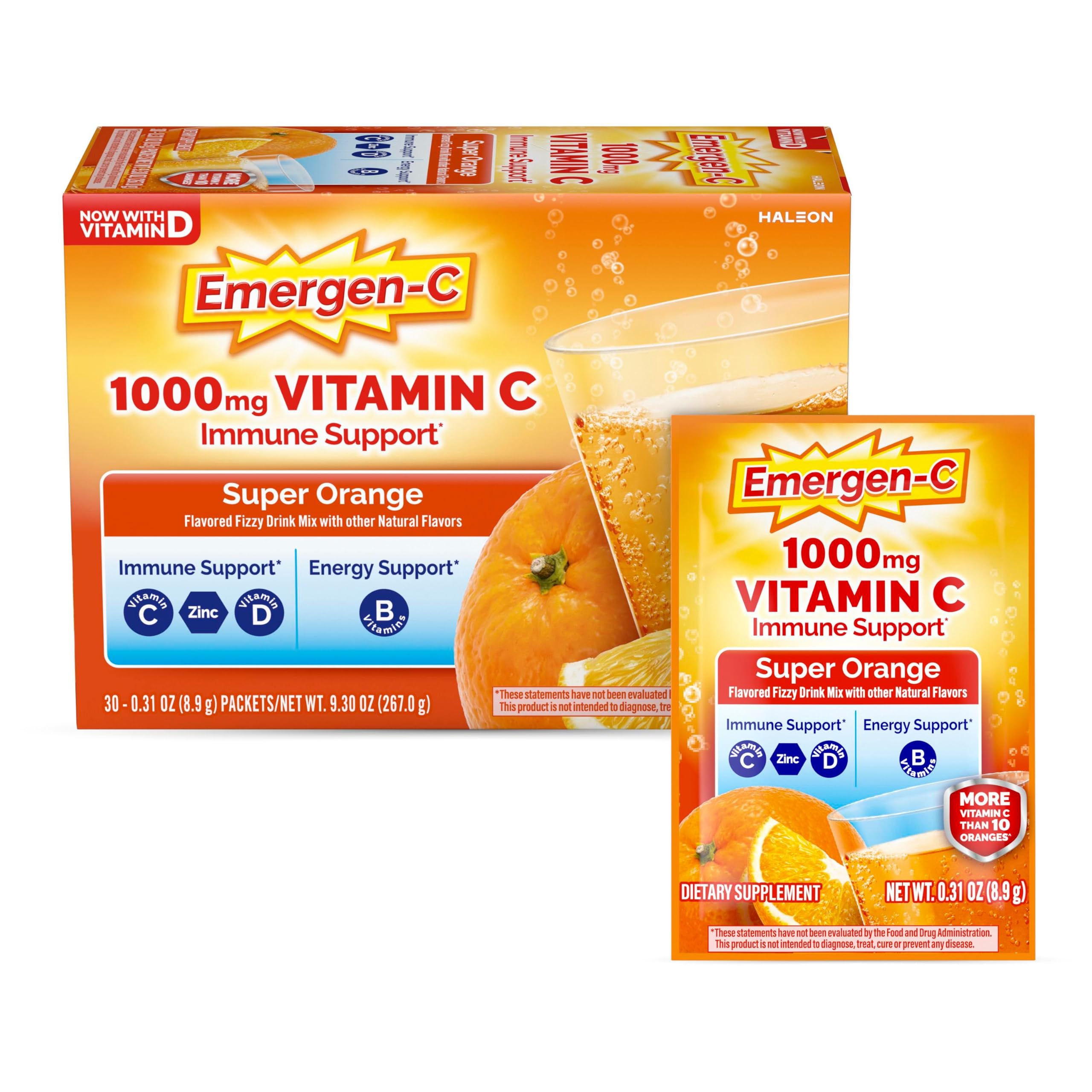 Emergen-C Vitamin C 1000mg Immune Support Powder, Orange, 30 ct