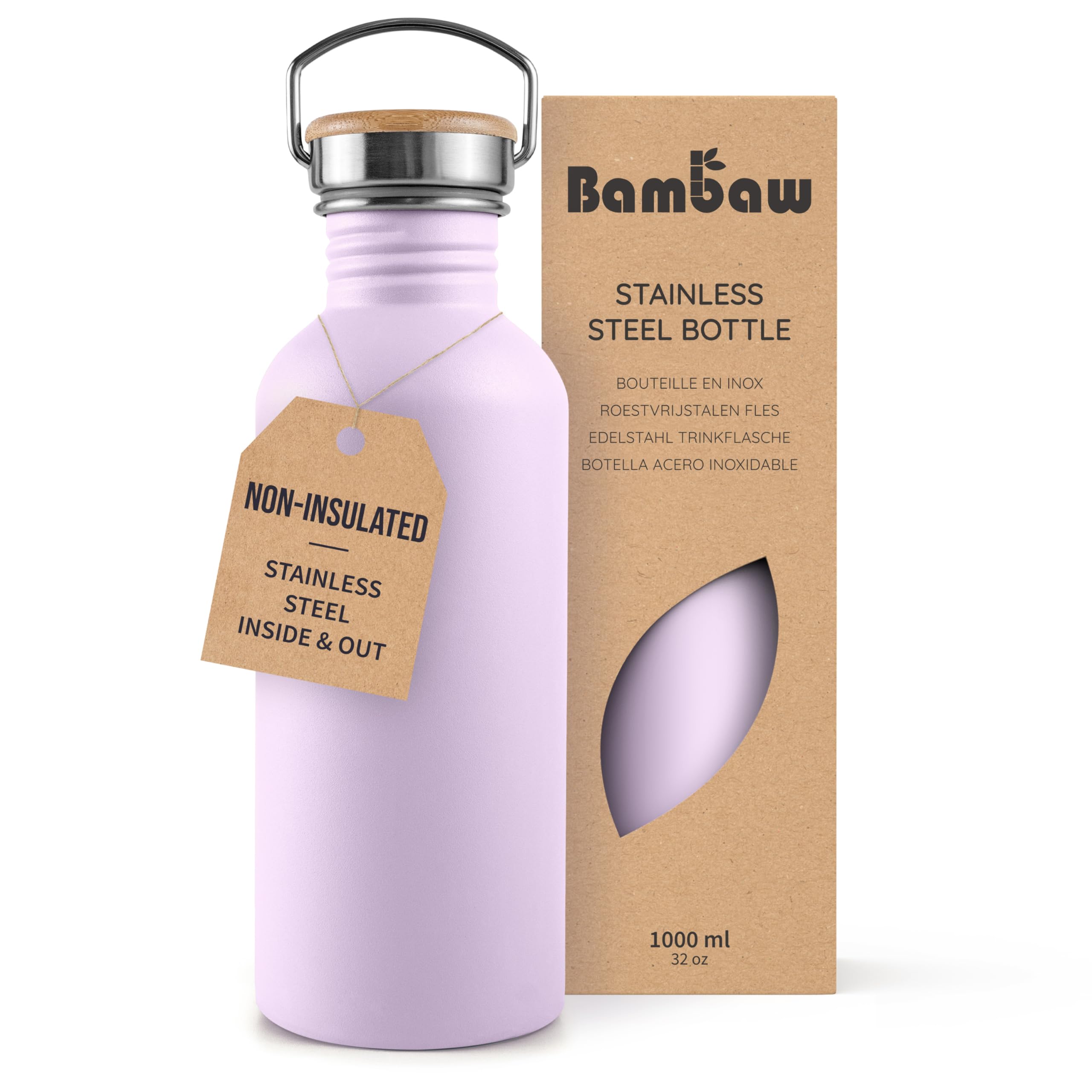 Bambaw Stainless Steel Water Bottle 1l, Purple Water Bottle, Non-Insulated Water Bottle, Metal Water Bottle, BPA Free Water Bottle, Leakproof Water Bottle, Reusable Water Bottle – Lavander Haze