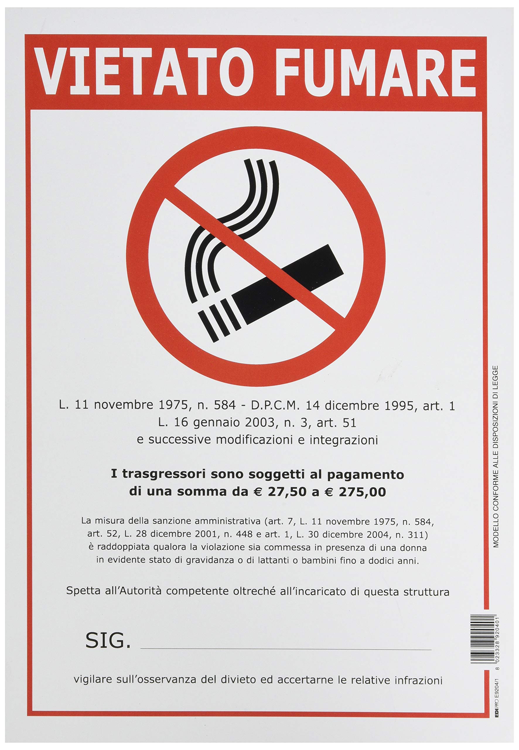 EDIPRO - E9204/1-20 Signs No Smoking Coated Cardboard 350 Grams 29.7x21
