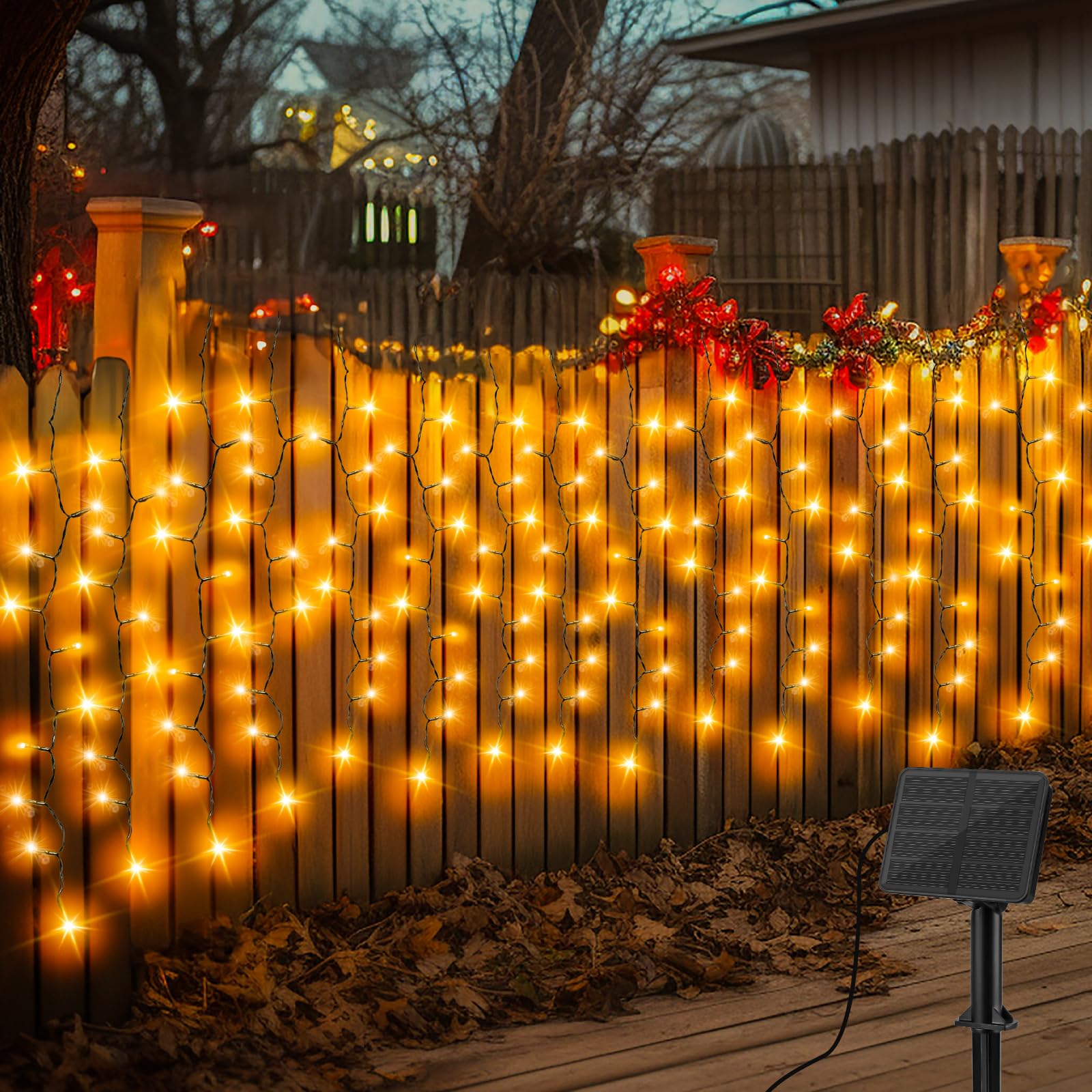 Gcstnn Solar Fence Curtain Lights Outdoor, 4Mx1M 200 LEDs Solar Icicle Fairy Lights Green Wire, 8 Modes IP65 Waterproof for Garden Patio Gazebo Fence Window Christmas Decoration-Warm White