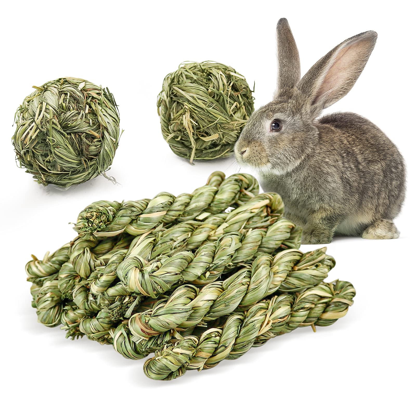 Episkey 12 Pcs Rabbit Chew Toys, Natural Timothy Grass Hay Ball Bunny Molar Grass Stick Toys Small Animal Activity Play Chew Toys for Bunny Rabbits Hamster Guinea Pigs Chinchilla (12 PCS)