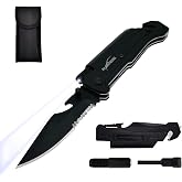 ALBATROSS 6-in-1 Survival Tactical Military Folding Pocket Knife, Black | LED Light, Seatbelt Cutter, Glass Breaker, Magnesium Fire Starter, Bottle Opener, Multi-Function Emergency Tool