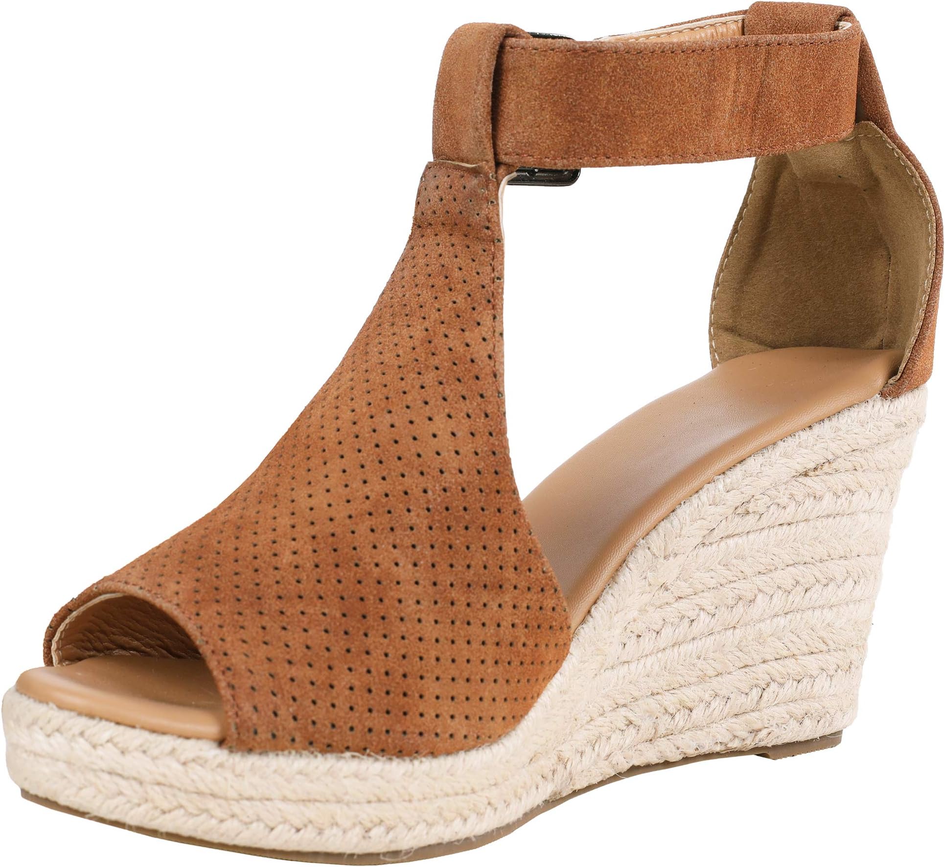 LAICIGO Women’s Chic Espadrille Wedges Perforated Open Toe Ankle Buckle Cutout Platform Dress Sandals