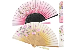 Zolee 2 Pieces Small Folding Hand Fans - Chinese Japanese Vintage Bamboo Silk Fans - for Dance, Performance, Decoration, Wedding, Party，Gift (0301)