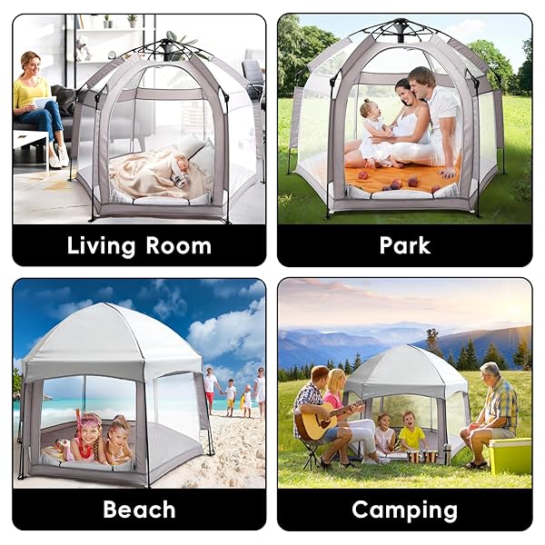 PALOPALO POP UP BABY PLAYPEN WITH UPF50+ CANOPY & MAT, INDOOR & OUTDOOR FOLDABLE PLAY PEN FOR BABIES AND TODDLERS, PORTABLE BABY BEACH TENT WITH TRAVEL BAG, POP UP PACK AND PLAY YARD, GREY
