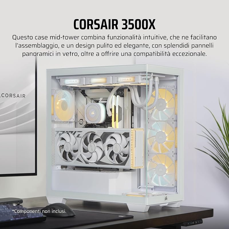 3500X Mid-Tower ATX Case per PC - Vetro Temperato Panoramico - Compatibile con Scheda Madre a Connessione Inversa - Nessuna Ventola Inclusa - Bianco