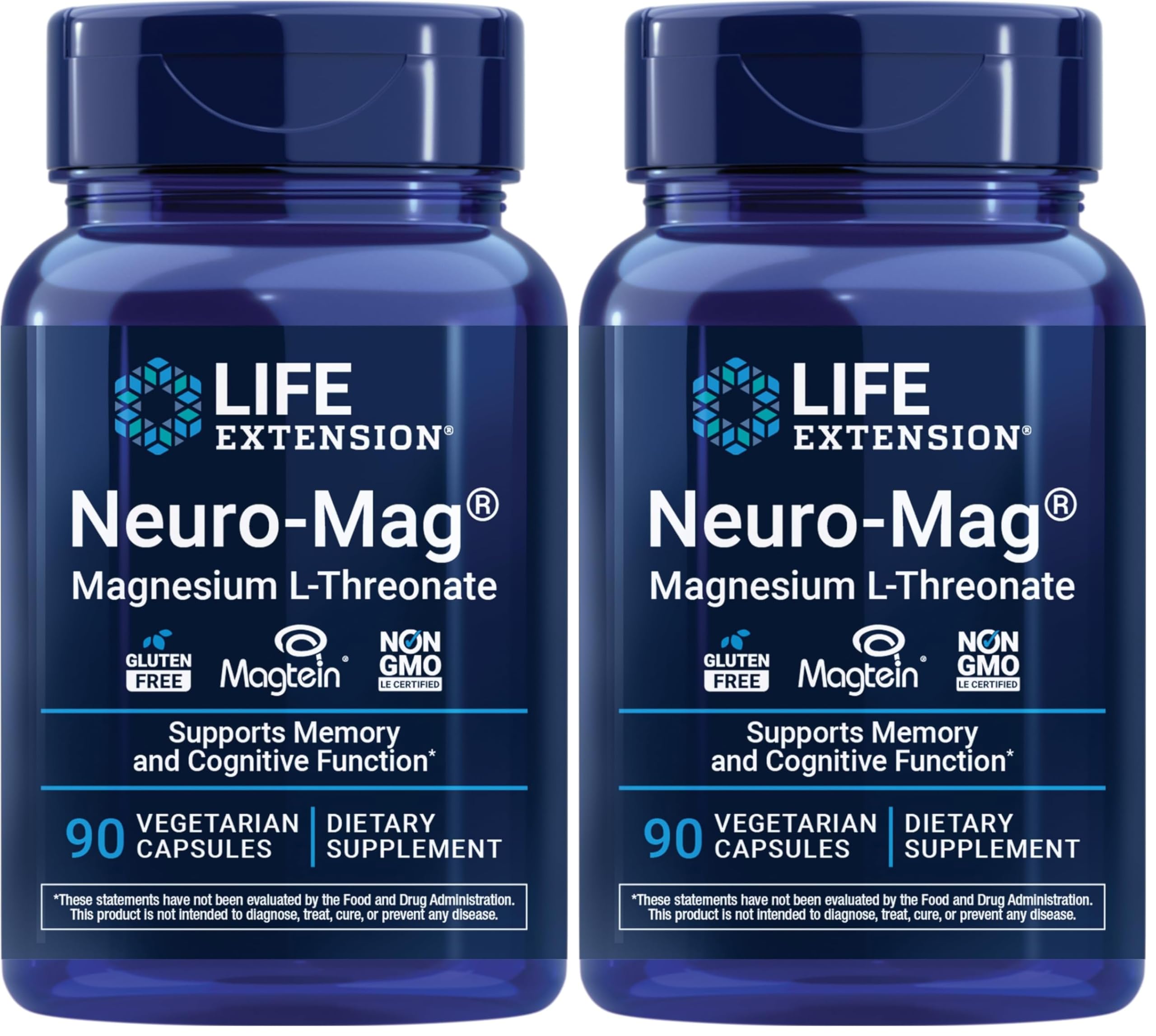 Life Extension Neuro-mag Magnesium L-threonate, Magnesium L-threonate, Brain Health, Memory & Attention, Gluten Free, Vegetarian, Non-GMO, 90 Vegetarian Capsules (Pack of 2)