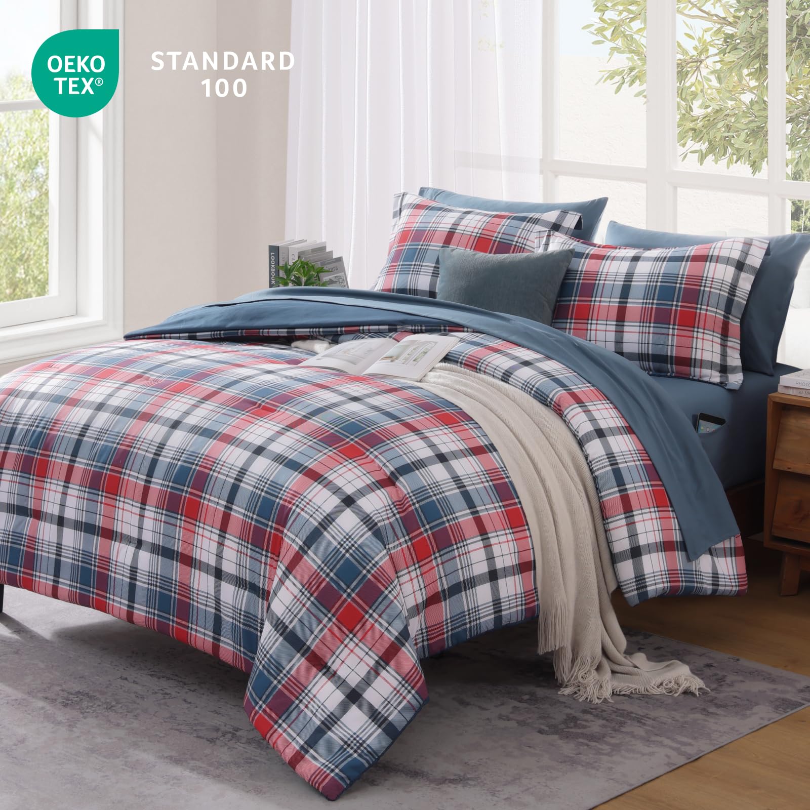 Condition photo showing New/Like New for mairêve full size plaid comforter set navy red, classic 7 pieces farmhouse bedding set, all season l