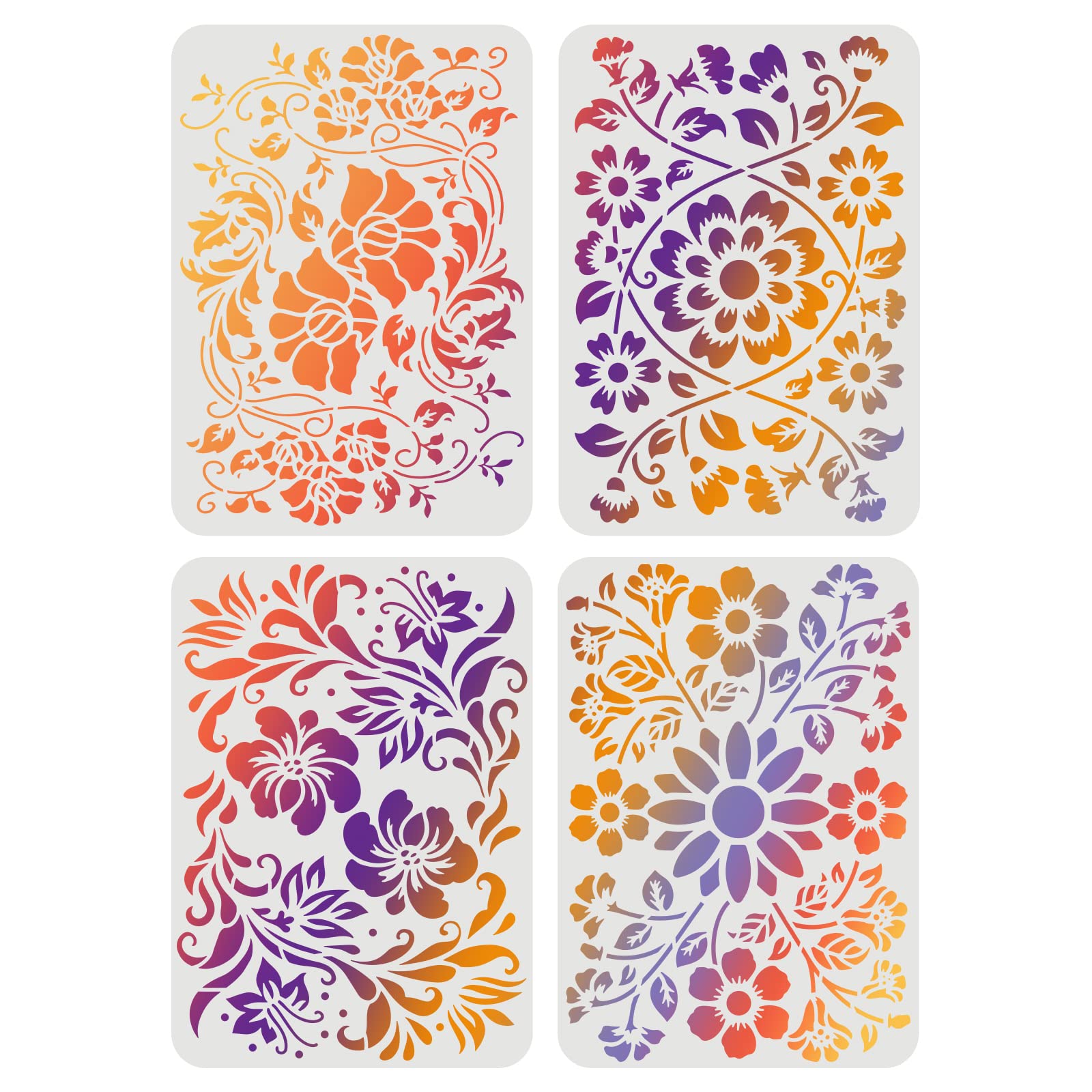 FINGERINSPIRE 4 x Folk Floral Stencils, 29.7 x 21 cm, Floral Stencils for Painting, Flower Stencils for Painting on Wood and Canvas, Reusable Plant Stencils