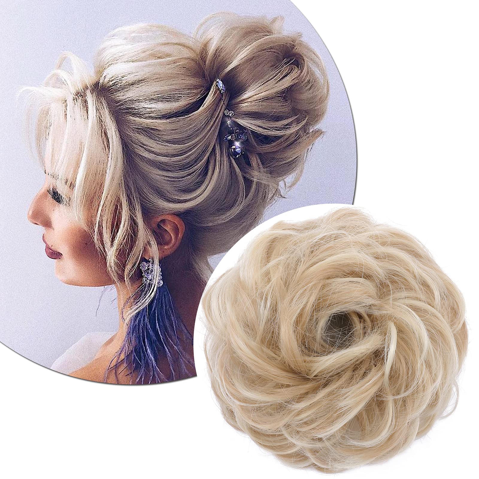 Silk-co Thick Hair Bun Extensions Messy Curly Hair Scrunchies Hairpieces Synthetic Donut Updo Hair Pieces for Women Girls - Dark Blonde mix Bleach Blonde