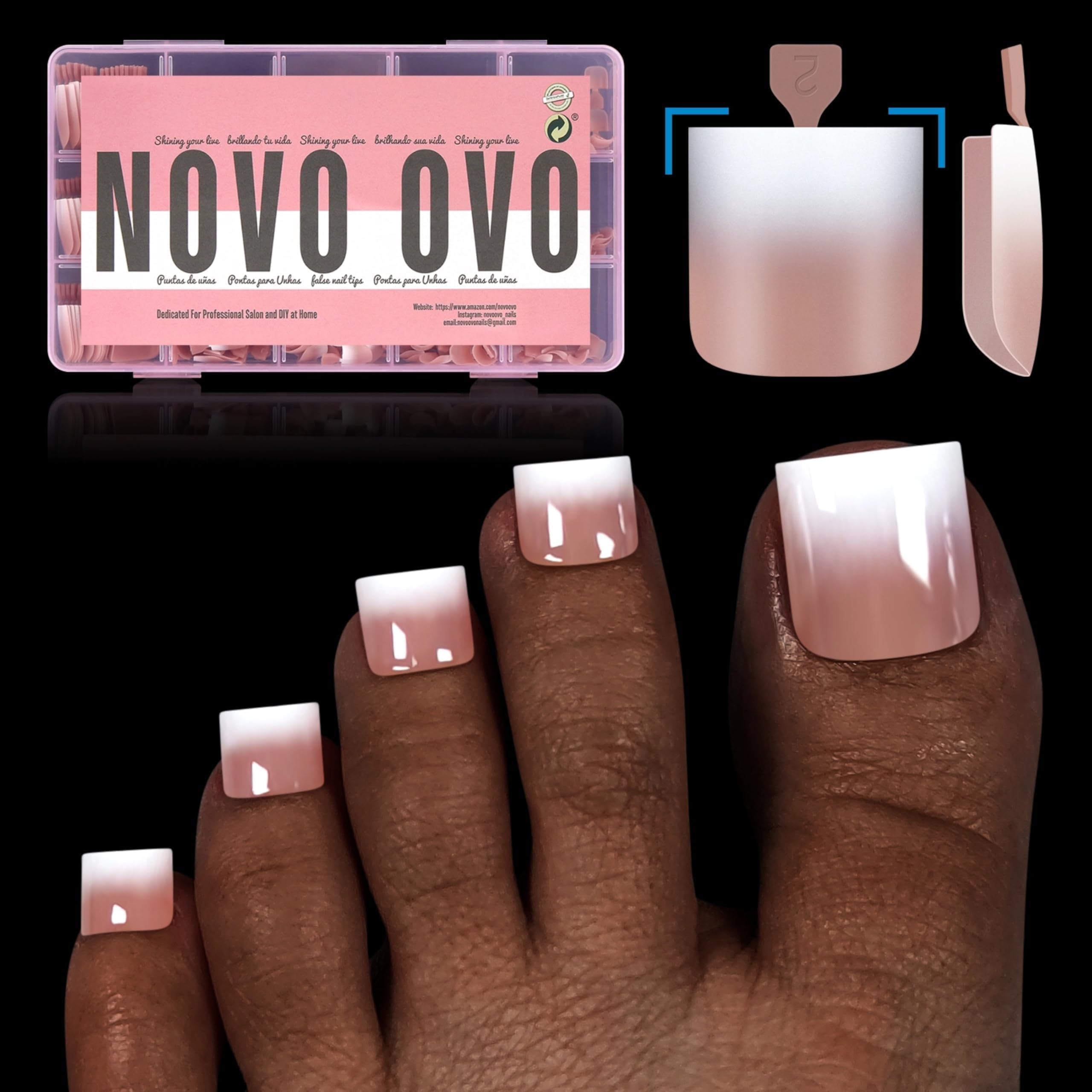 NOVO OVO Ombre French Tip Press on Toe Nail Tips, Sharp Square Pre-Designed Soft Gel False Toenail Extension, BROWN PINK Pre-applied Tip Primer & Base Coat, Full Cover Acrylic DIY x 15 Sizes 240 pcs — image 1