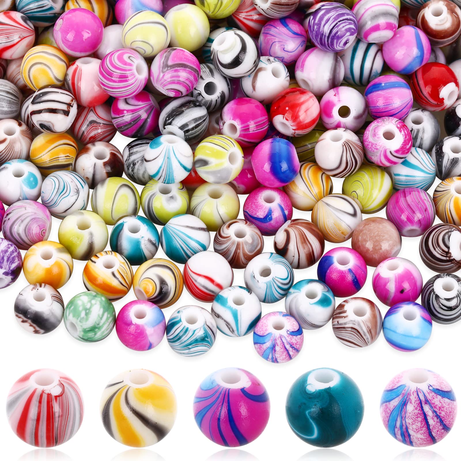 Abeillo 500 Pcs Multicolor Gemstone Beads, 8mm Exquisite Patterned Glass Stone Round Spacer for Handmade Bracelets Necklace Making