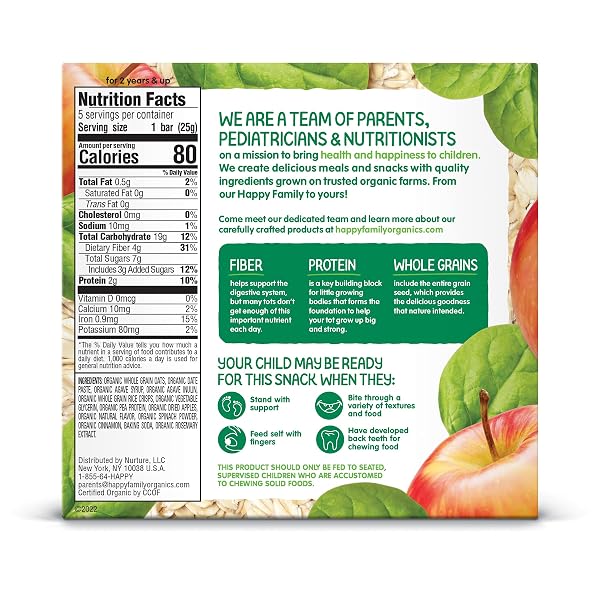 HAPPY TOT ORGANICS FIBER & PROTEIN SOFT-BAKED OAT ORGANIC TODDLER SNACK APPLE & SPINACH, ORGANIC GLUTEN FREE KOSHER NON-GMO, 4.4 OUNCE BARS (PACK OF 5)