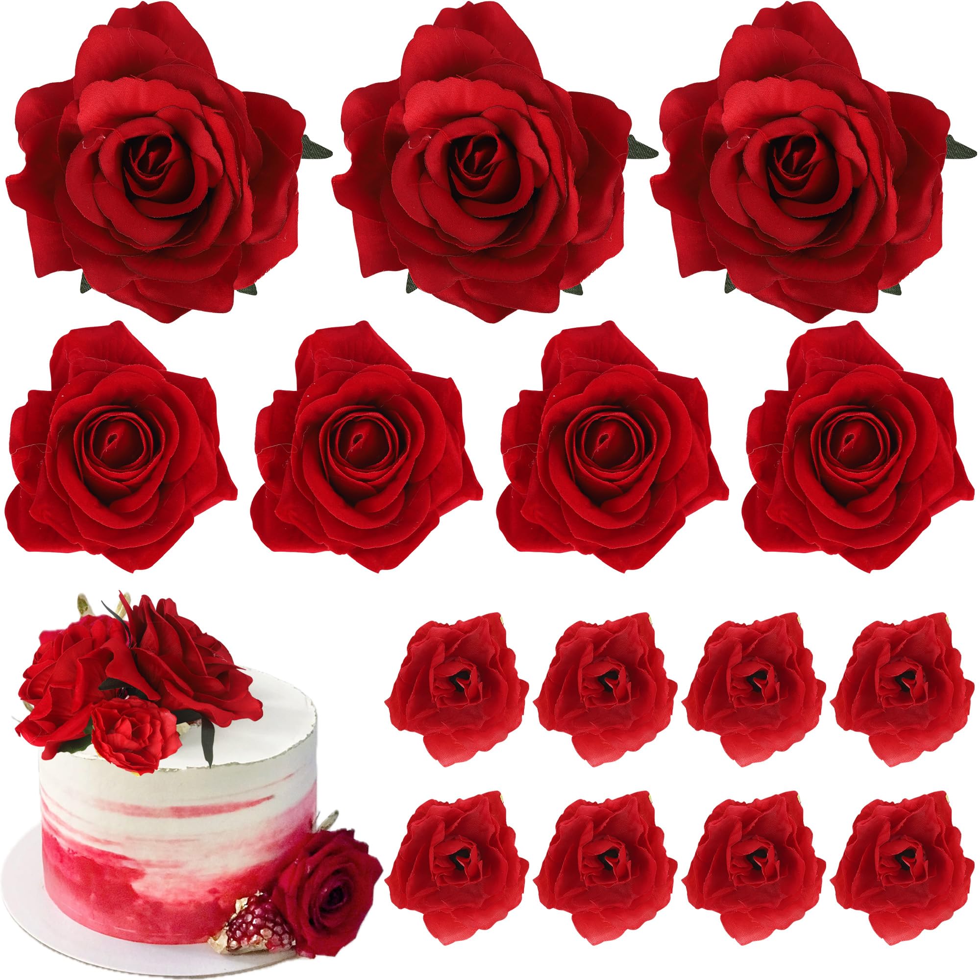10 Pack Red Rose Flower Cake Toppers Artificial Flower Heads Cake Picks Fake Flowers Cake Decoration for Baby Shower Women Girls Birthday Wedding Valentine's Day Celebration Boho Party Supplies — image 1