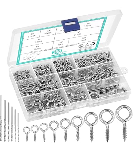 Aienxn 200-Piece Screw Eyes Assortment – Zinc Plated Eyelet Screws In 9 Sizes For Wood, Hanging, And DIY