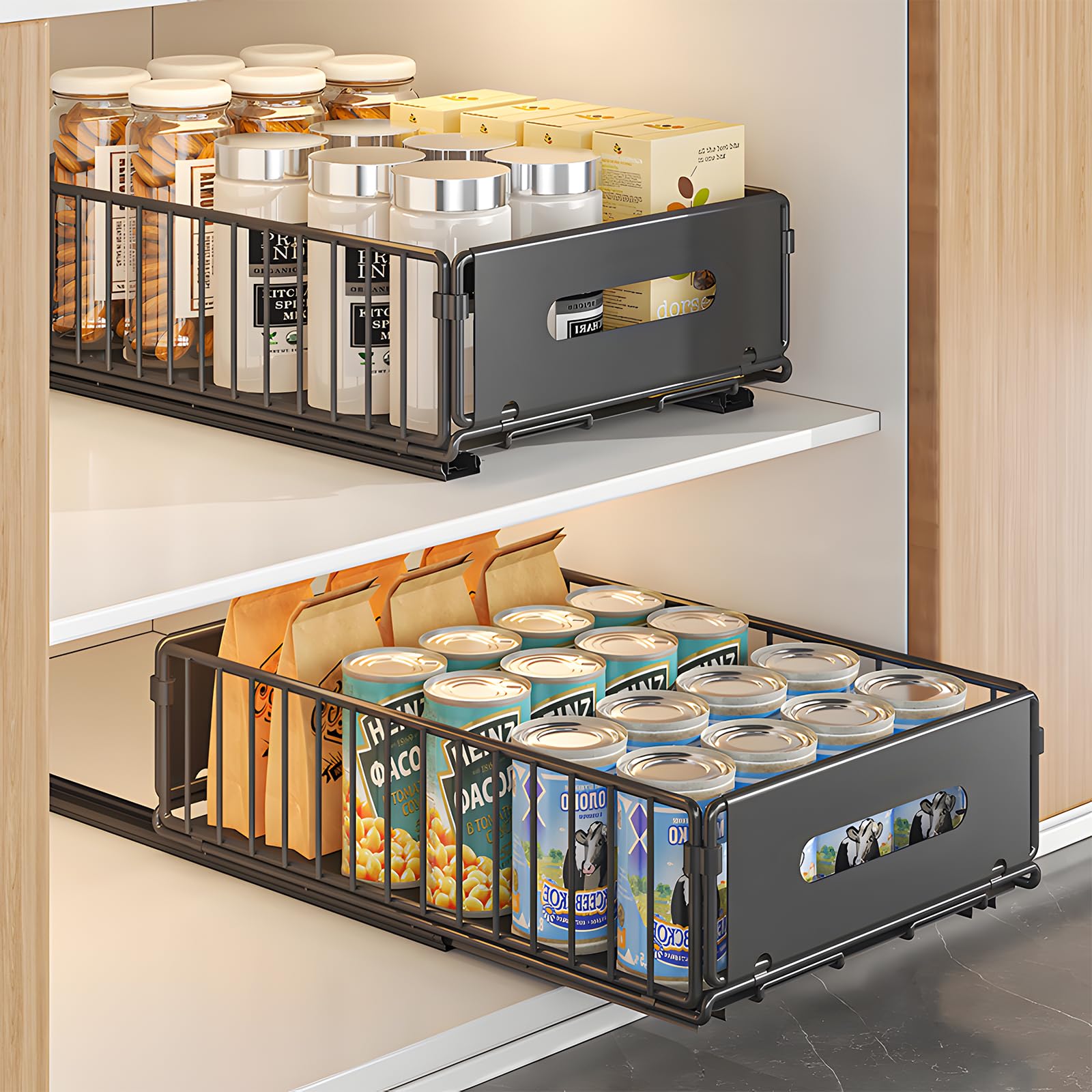 Photo 1 of **es una sugerenciaNECHEGI Pull Out Cabinet Organizer, 2 Pack Heavy Duty Slide Out Drawers Pantry Shelves Fixed With Strong Adhesive Glue and Handle for Kitchen, Living Room, Bathroom, Home (14.8" D X 9.6" W X 3.9" H)