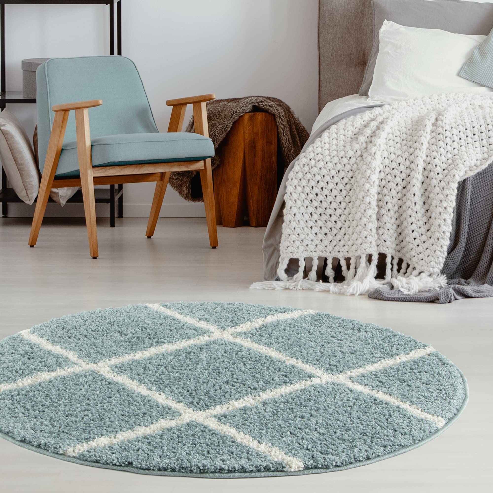 THE RUGS Shaggy Rug – Modern Moroccan Design Rugs for Living Room, Bedroom, Hallway, 3 cm Thick Area Rugs, (Diamond Duck egg blue/Ivory, 120cm Round) — image 1