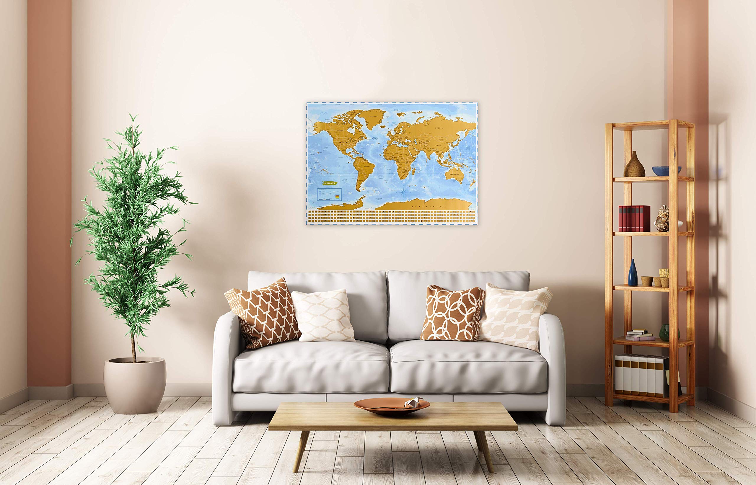 NIMAXI Mapa mundial para rascar, tamaño 83x58 cm, color: azul, alto brillo, Carta del mundo XXL con banderas para rascar gratis