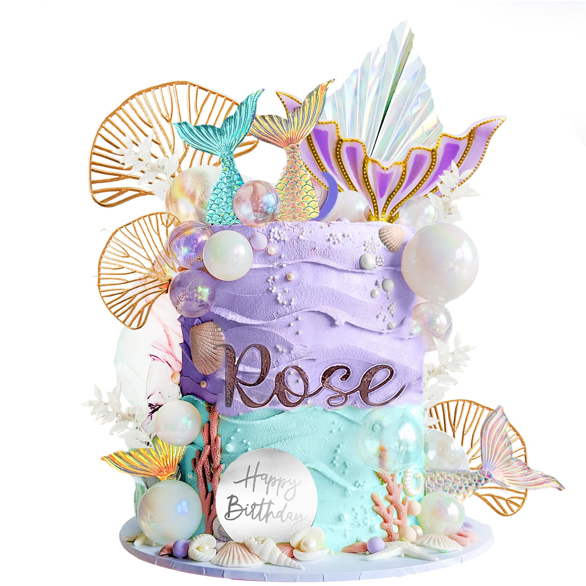Photo 1 of DRWATE Mermaid Cake Toppers - Tail Cake Decorations with White Pearl Balls for Girl's Birthday or Baby Shower - Under the Sea Party Mermaid Theme Supplies (Style 1)